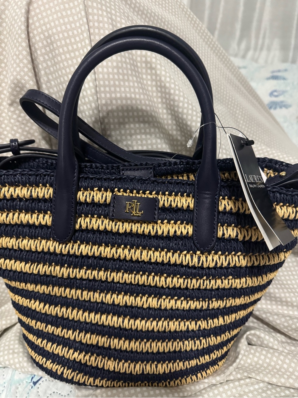 Ralph Lauren Navy Striped Straw Purse/ Tote